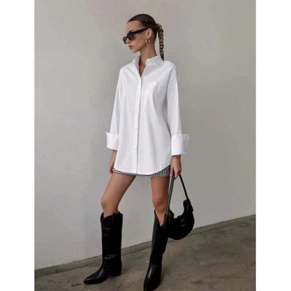White Loose Fitting Dress Shirt Button Down, Long Sleeve - Picture 4 of 9